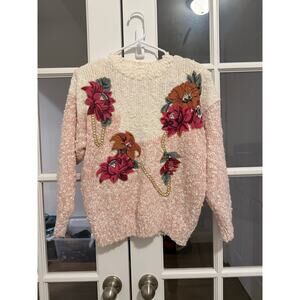 Needles & Yarn Wool Sweater Womens M Pink Cream Floral Textured Knit Cottagecore